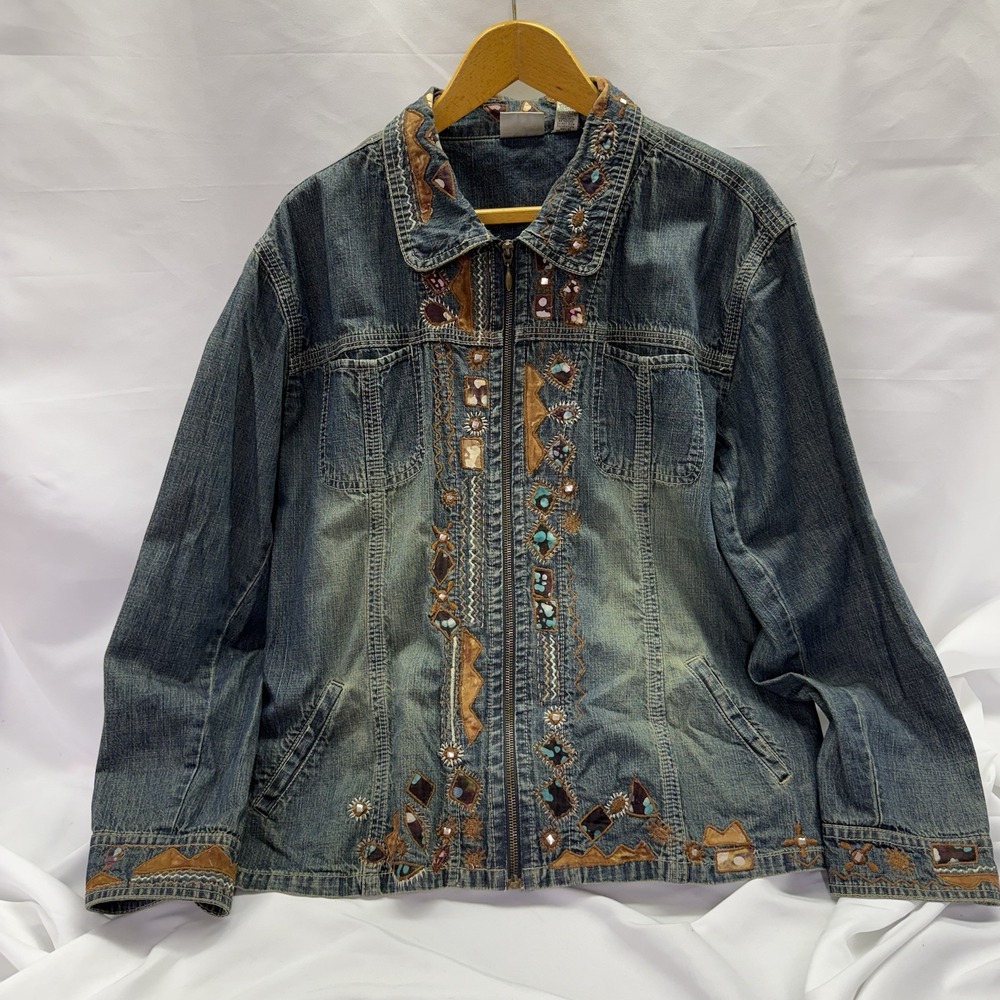 Vintage Chico's Embroidered Denim Jacket Sz3/XL Copper Beaded Y2K Boho Western